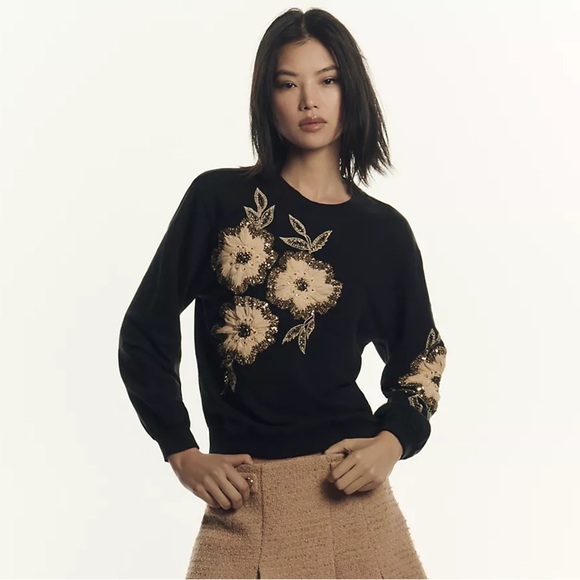 NWT! By Anthropologie Floral Appliqué Crew-Neck Sweater - Multiple 🏀 - Picture 5 of 7